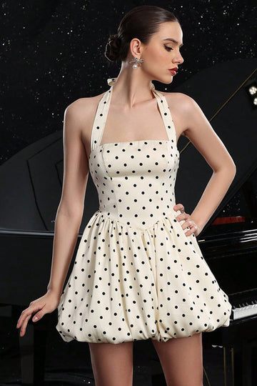Ivory Polka Dots Halter A Line Short Graduation Dress